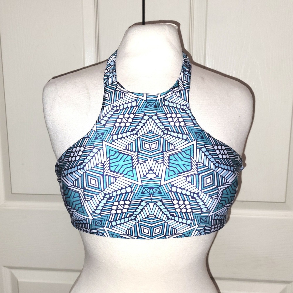 Lazy Daisy Womens Blue Geometric Tribal High Neck Halter Bikini Top Size Large